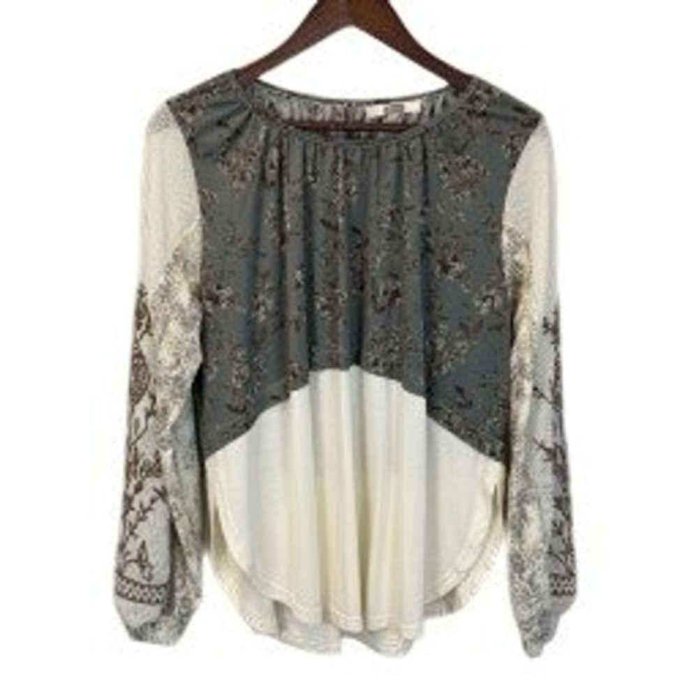 Gimmicks by BKE‎ Blue Cream Patchwork Boho Blouse Lace Sleeve size Medium